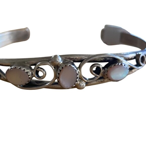 Native American Sterling Silver & Moonstone Cuff Bracelet With Swirl Design - Picture 3 of 14